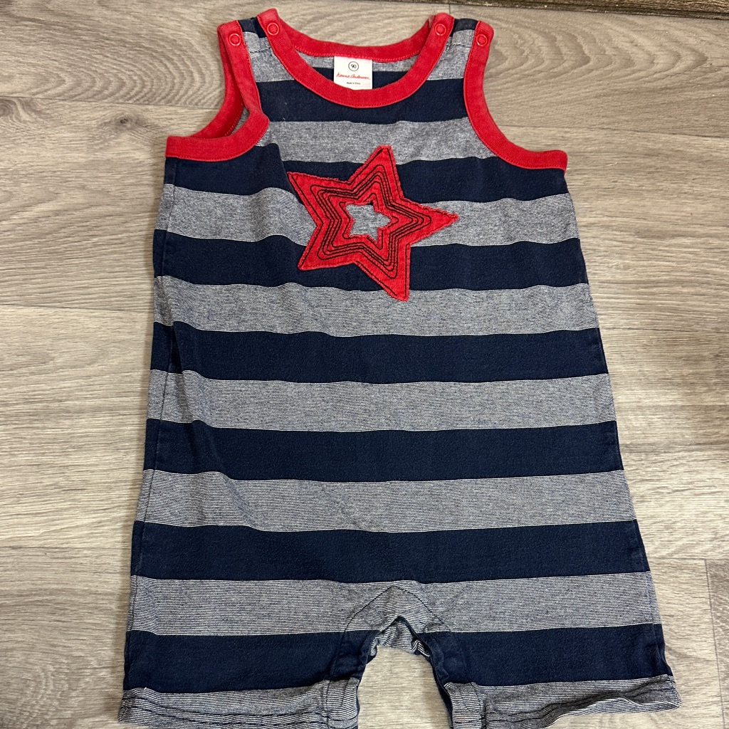 Hanna Andersson Navy And Gray Striped Romper With Red Star